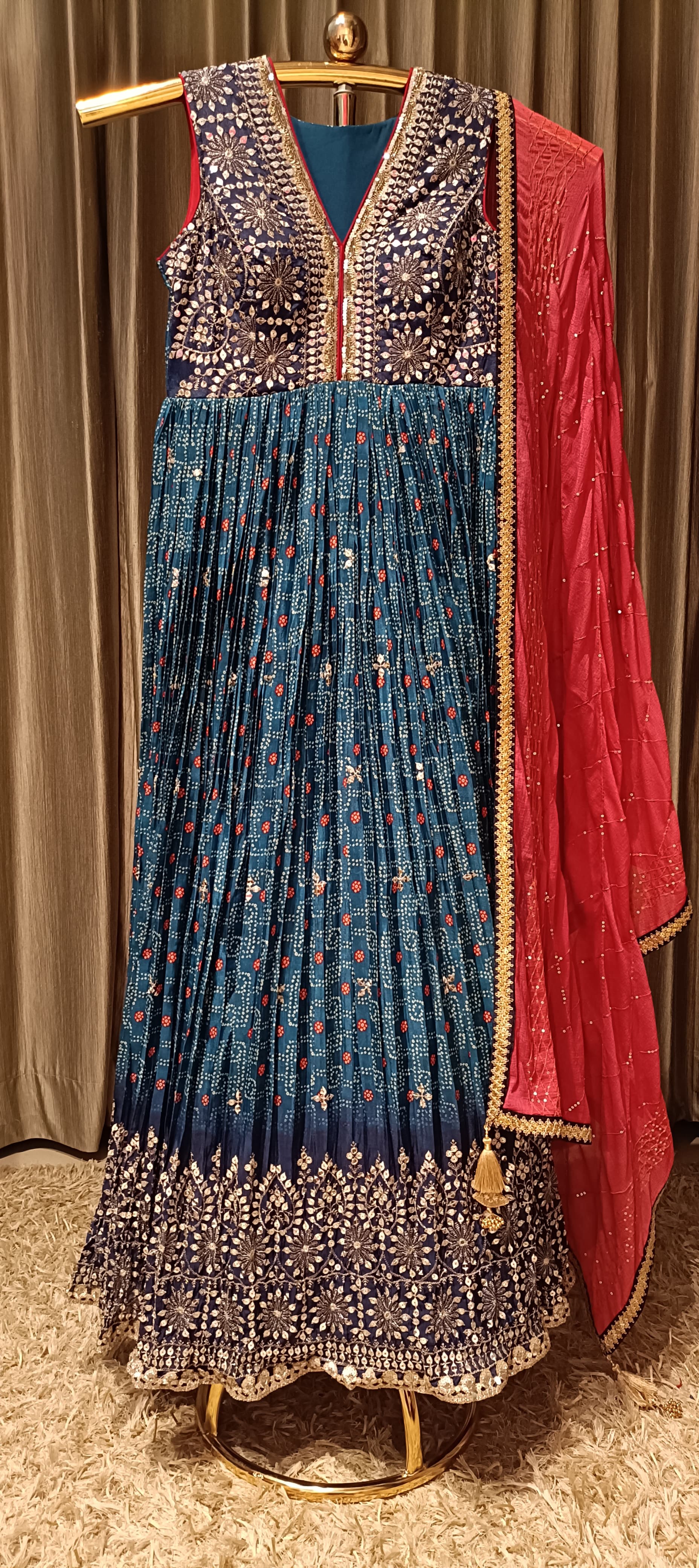 ZARI WORK EMBROIDERY EVENING PARTY WEAR CHINNON CREP ANARKALI SET