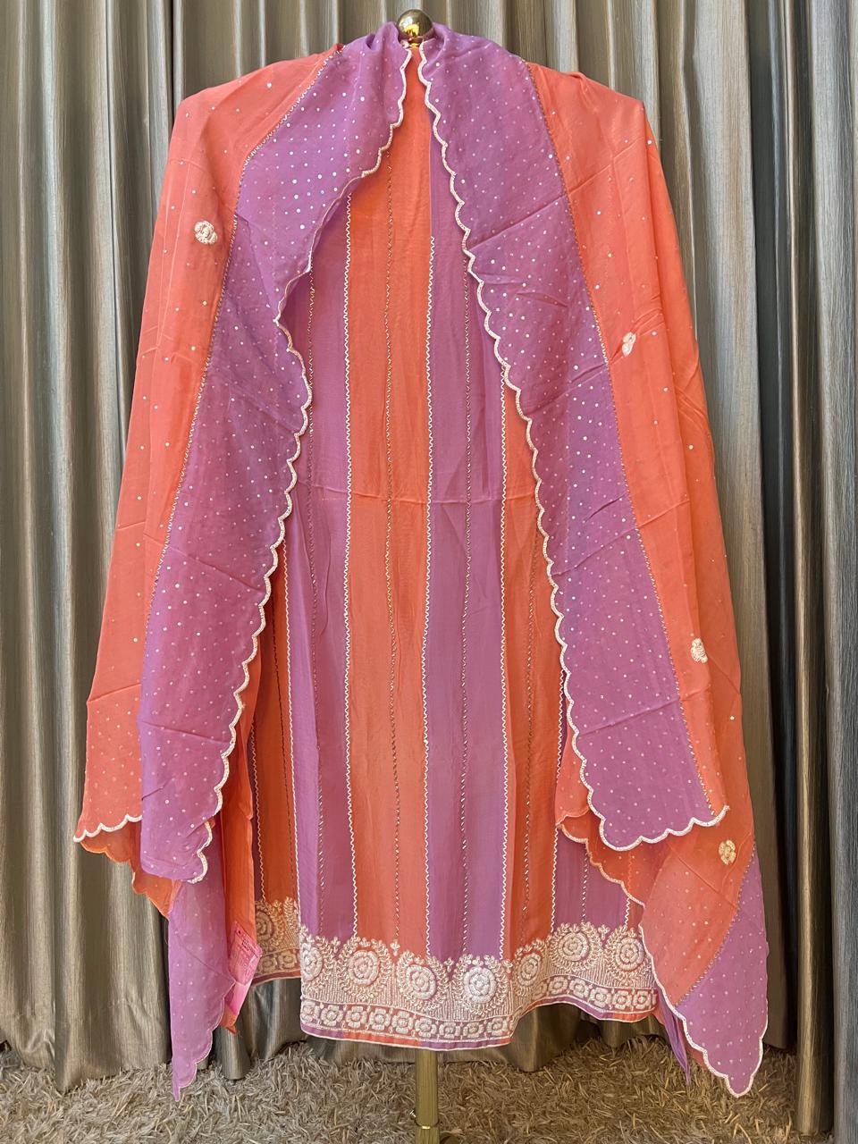 PARTY WEAR,MULTI COLOUR PANEL STYLE,ORANGE & LEVENDER COMBO DRESS MATERIALL
