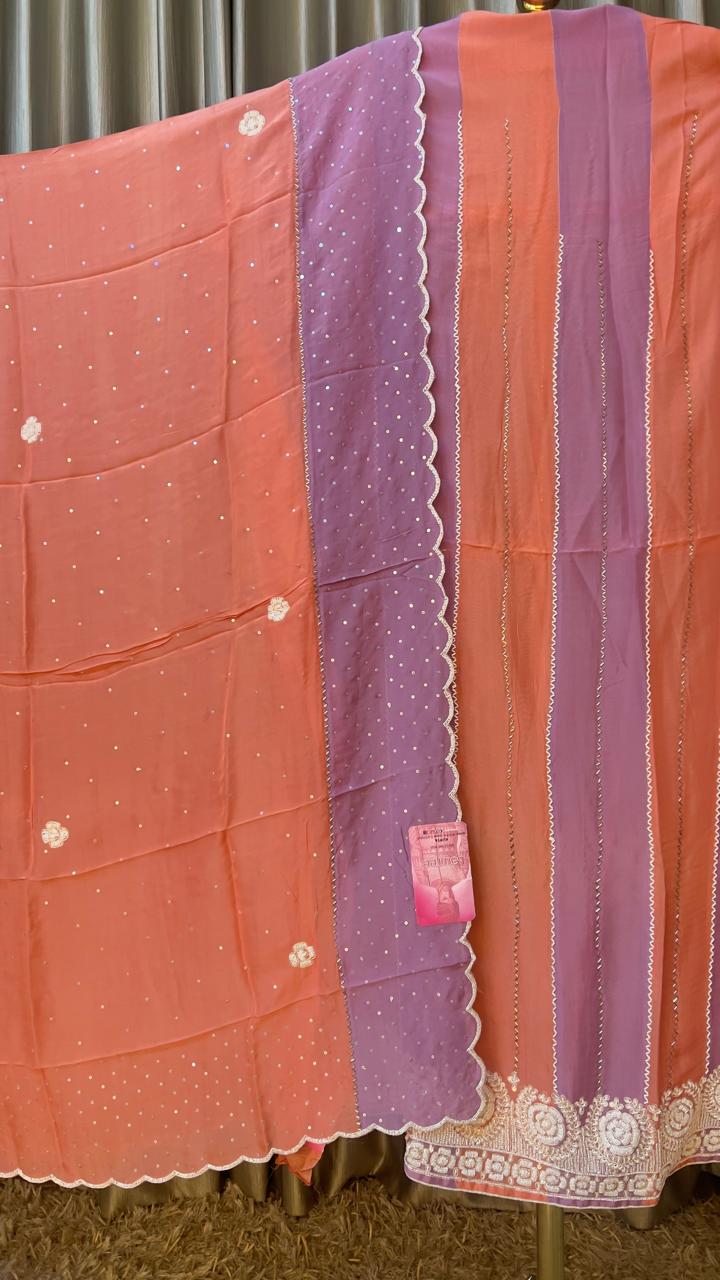 PARTY WEAR,MULTI COLOUR PANEL STYLE,ORANGE & LEVENDER COMBO DRESS MATERIALL