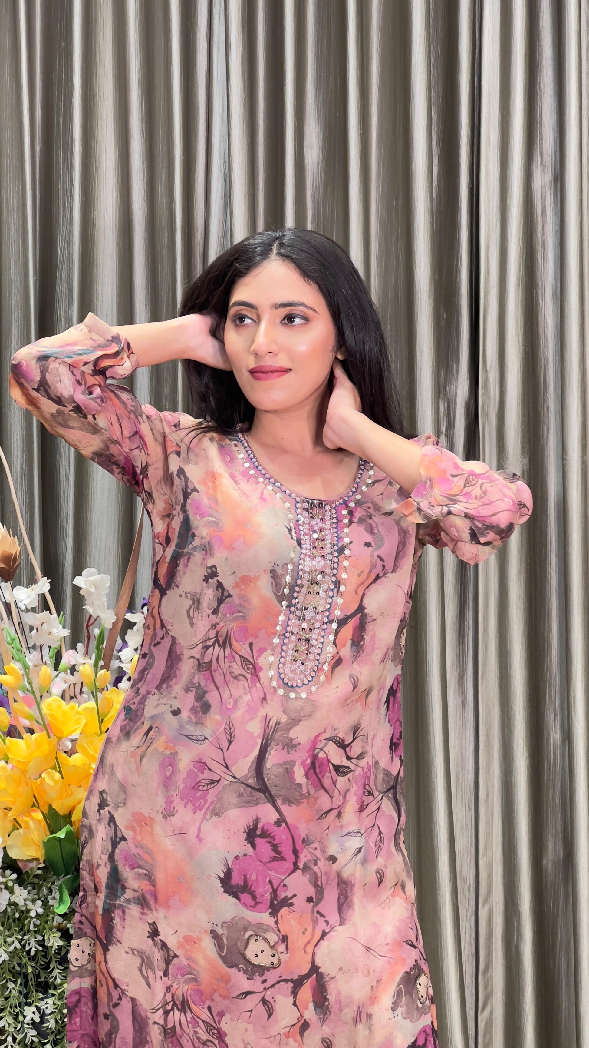 Printed Regular Wear Organza Kurti Set