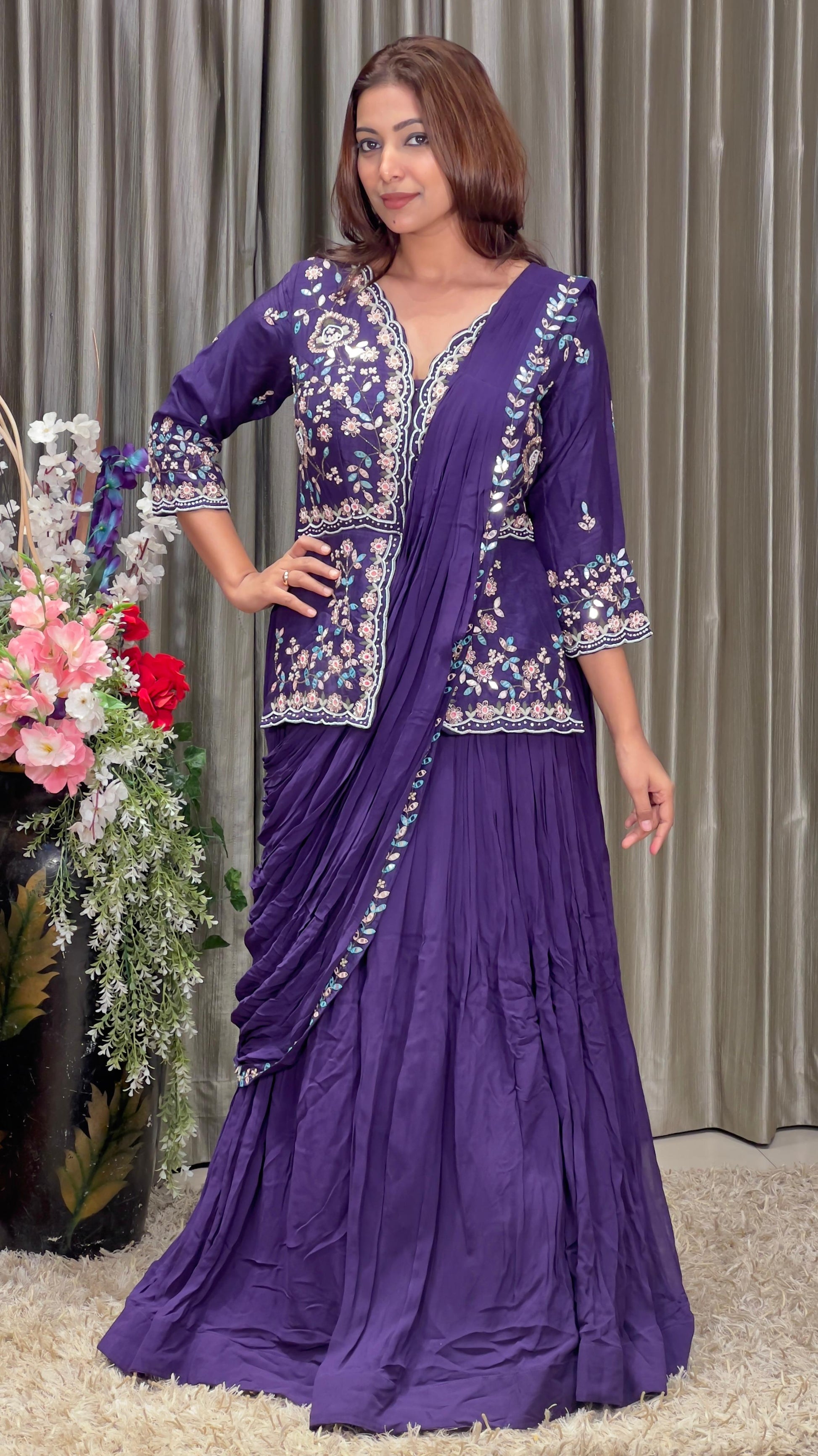 INDO-WESTERN,PARTY WEAR,ANARKALI,SANGEET,MEHNDI,HALDI,ROKA,DRAPE GOWN WITH ATTACHED DUPATTA