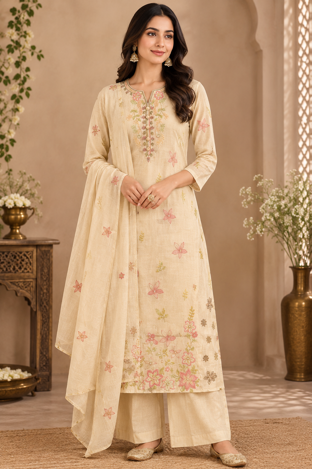 Ivory Cream Mul Cotton A line Kurta Set with Pastel Floral Hand-Embroidery