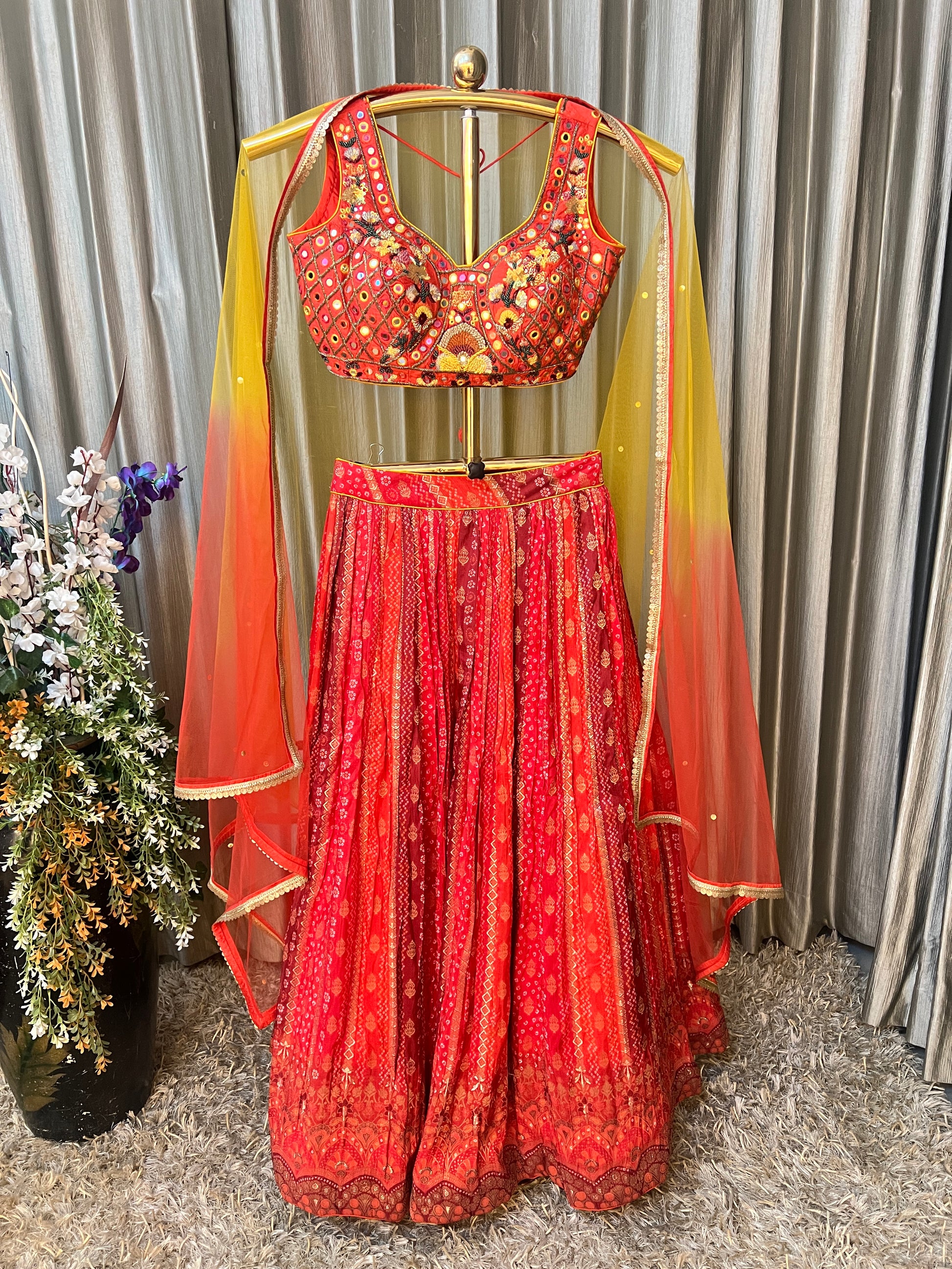 RUST BANDHANI TRADITIONALWEAR LEGENGA CHOLI