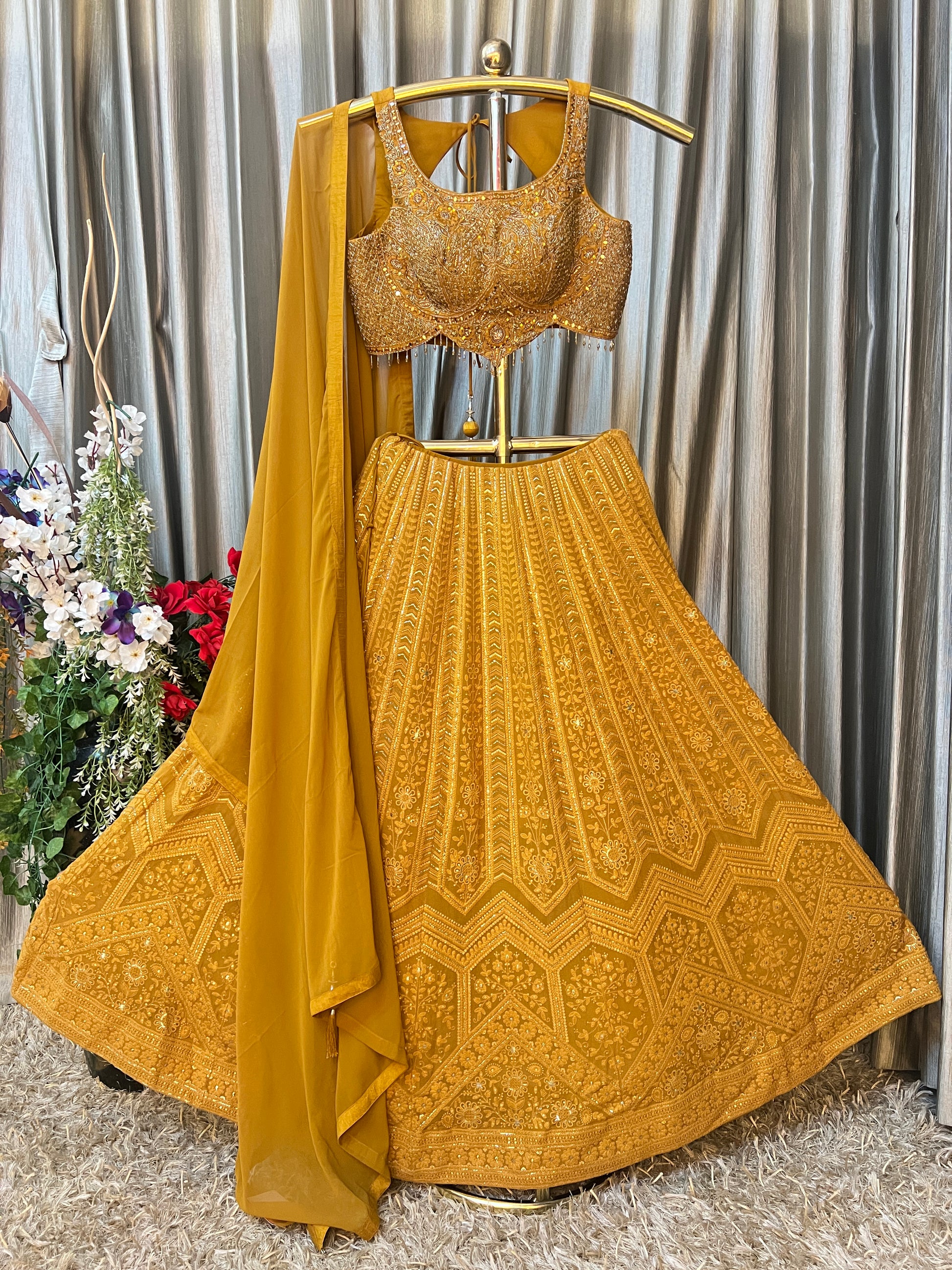 HALDI FUNCTION THREAD WORK LEHENGA CHOLI