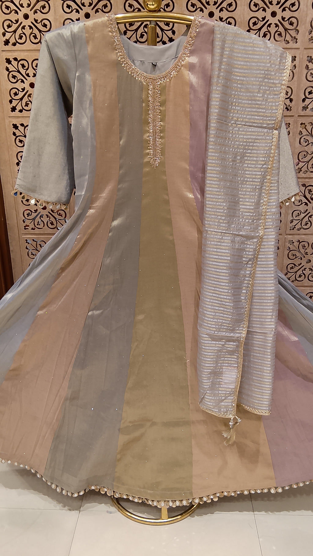 Multi-Panel Hand-Embroidered Simmer Silk Anarkali Set.