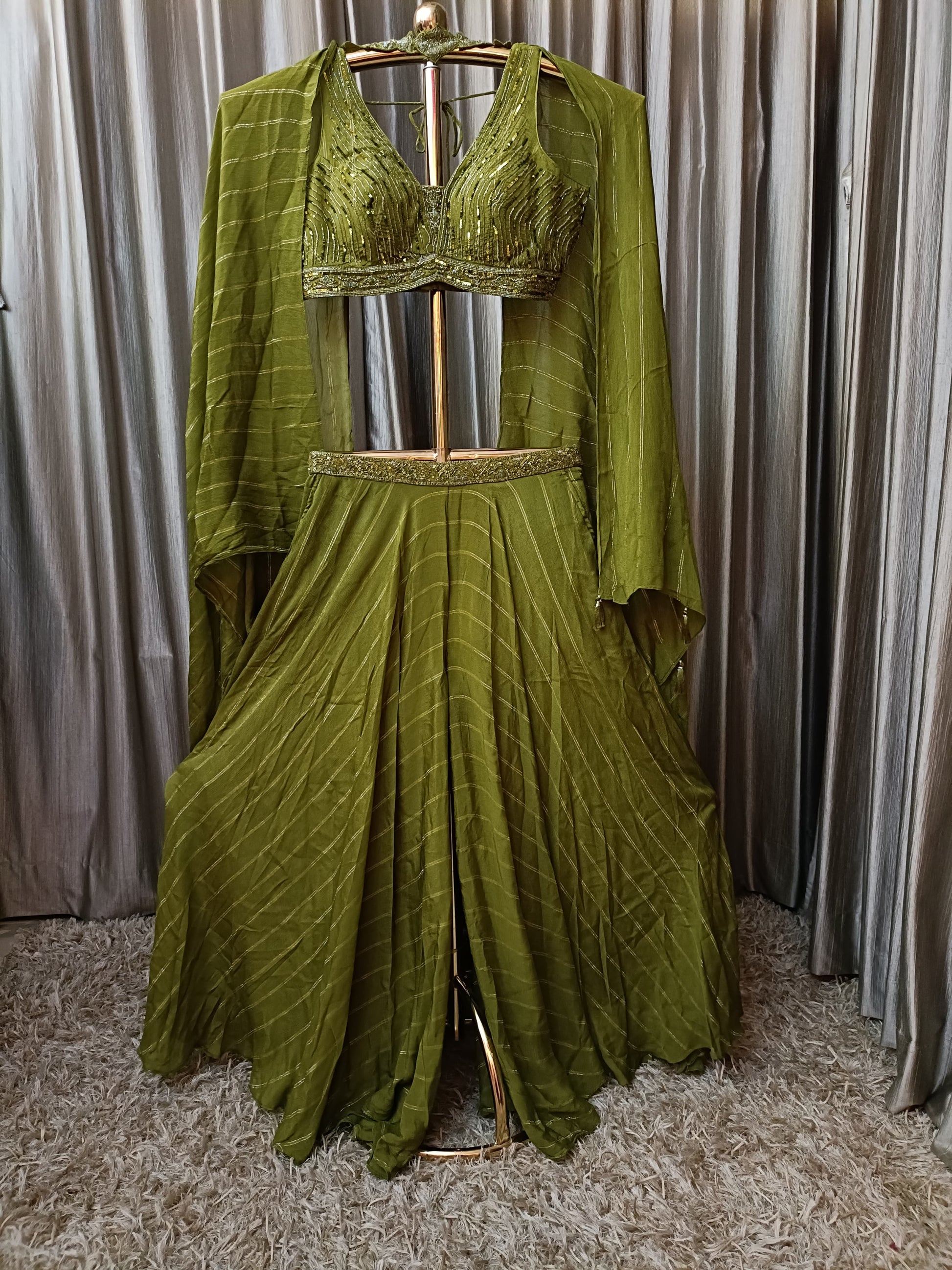 INDO-WESTERN FLARE PALAZZO WITH CROP TOP AND SHRUG MEHNDI OCCASSION