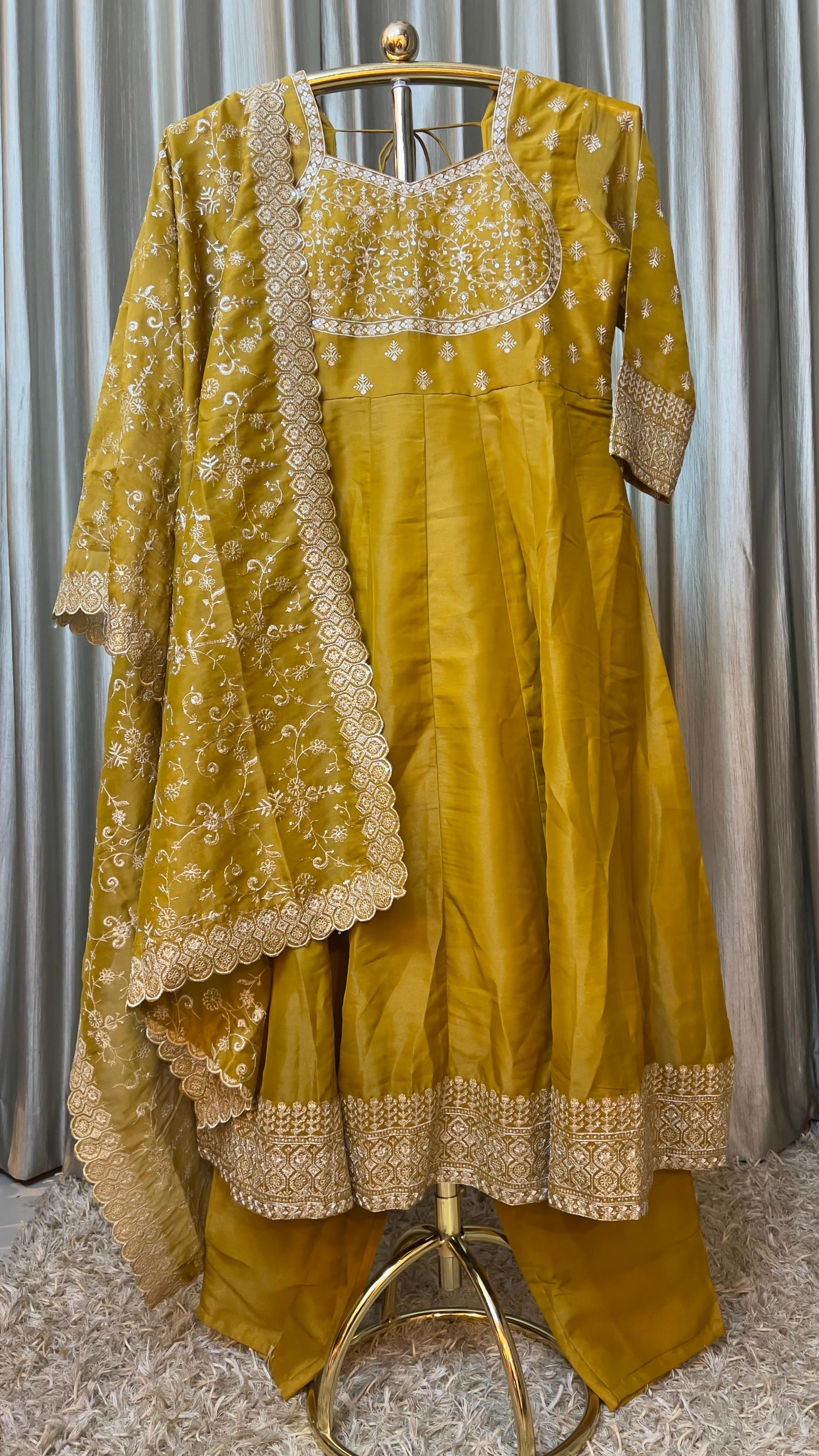 SIMMER ORGANZA ANARKALI DRESS, HALDI, TRADITIONAL, FUNCTIONAL,EVENING OUTING OUTFIT