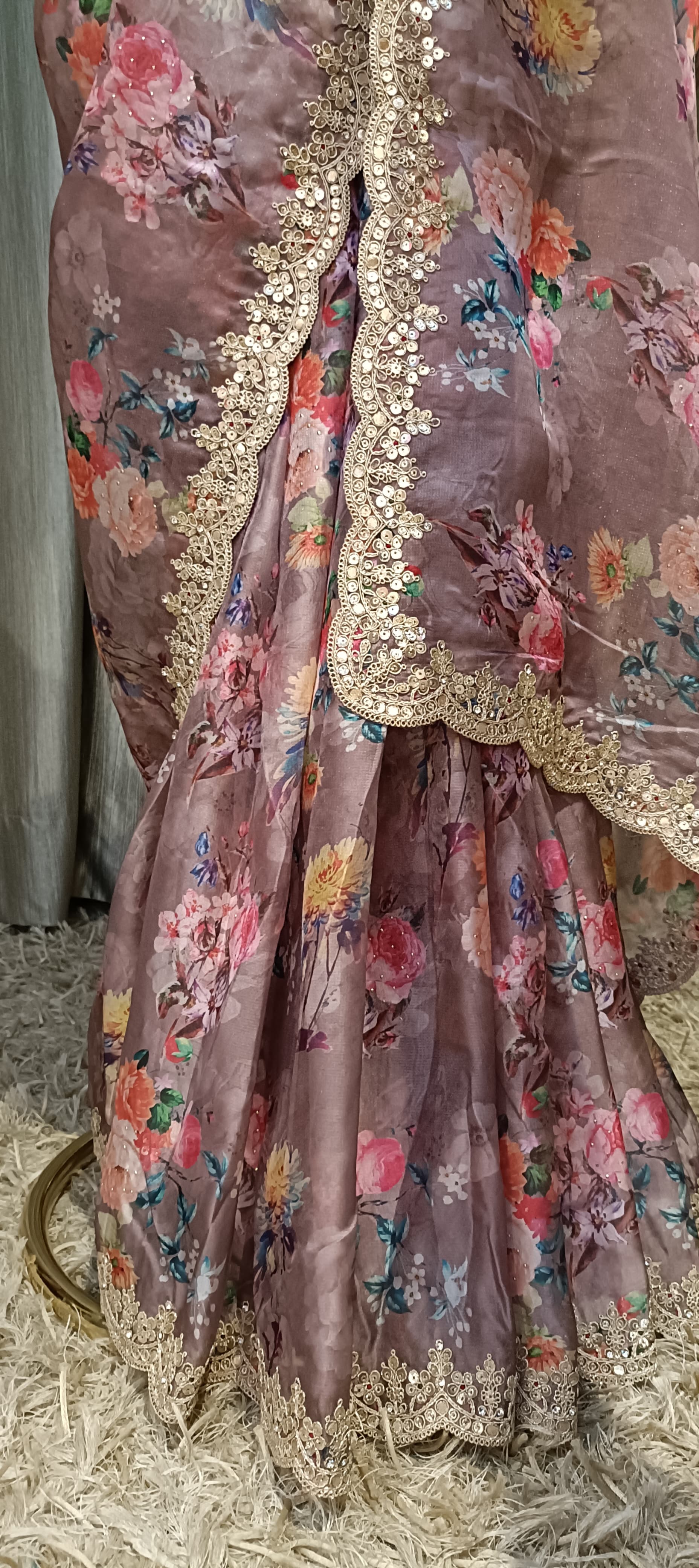 FLORALPRINTED ORGANZA SAREE FESTIVE OCCASSION,MEHNDI, SANGEET CEREMONEY