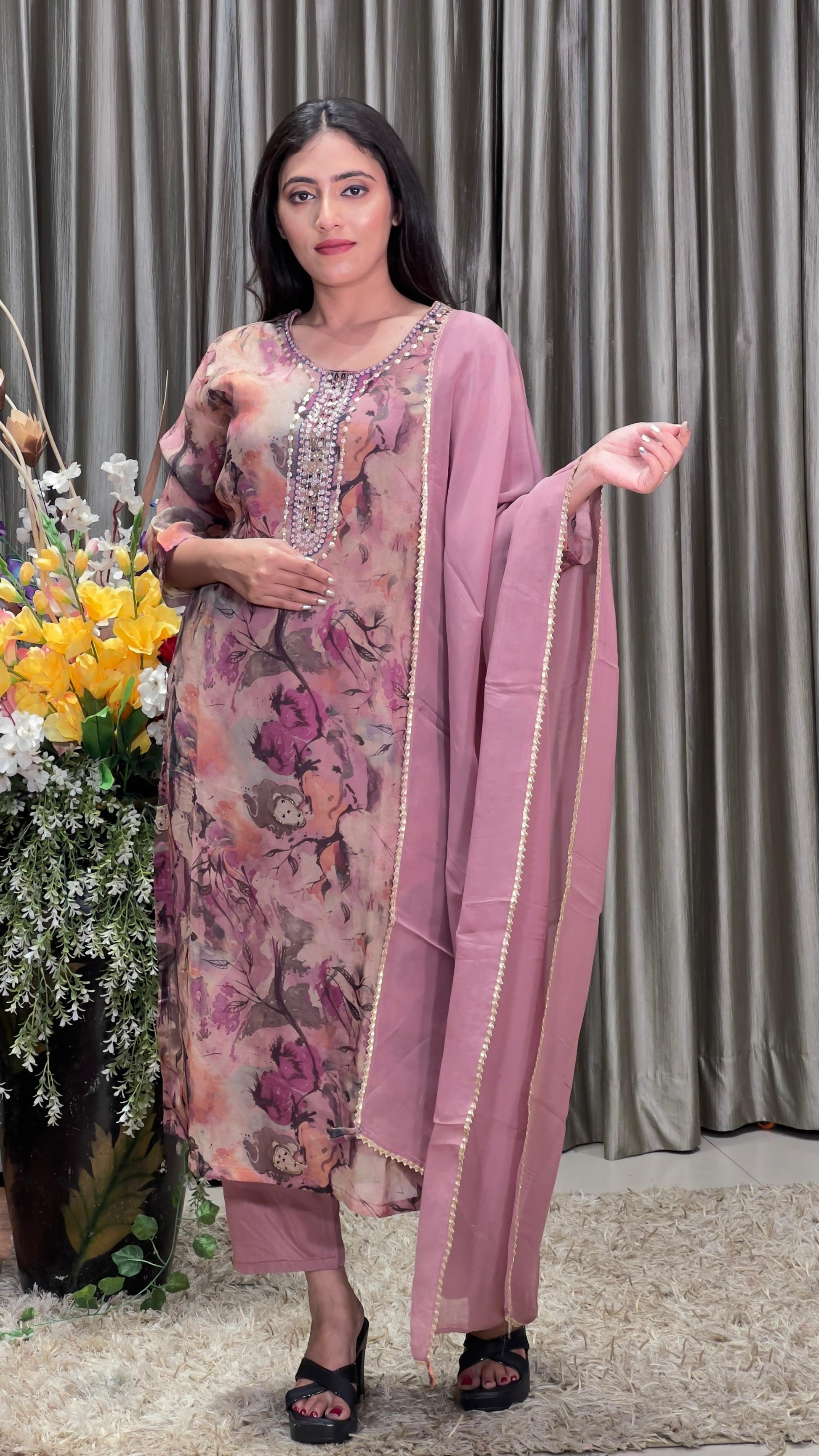 Printed Regular Wear Organza Kurti Set