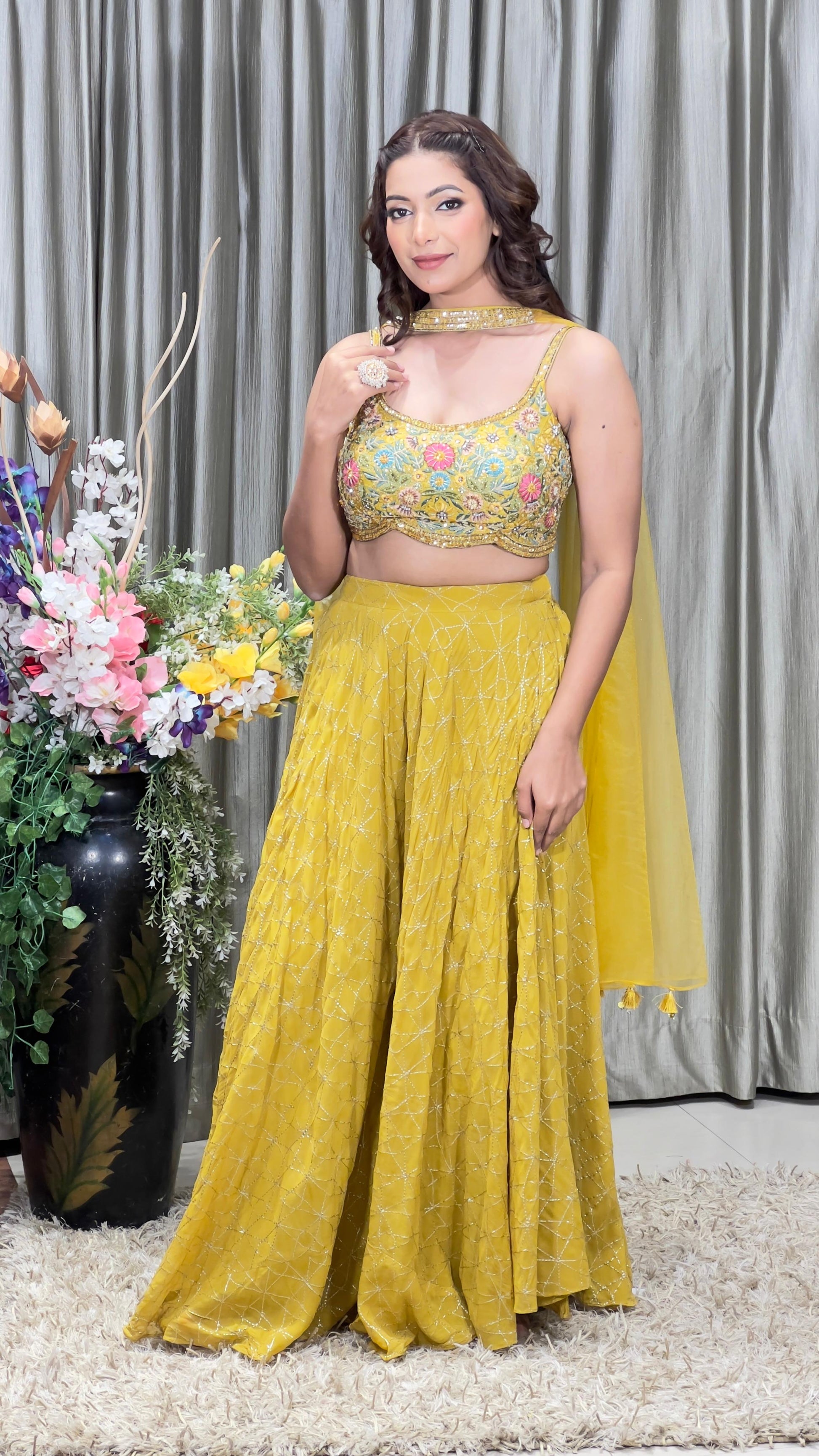 HALDI,MEHNDI,SANGEET,PARTY WEAR,FUNCTIONAL,INDO-WESTERN,CROP TOP PALAZZO SUIT