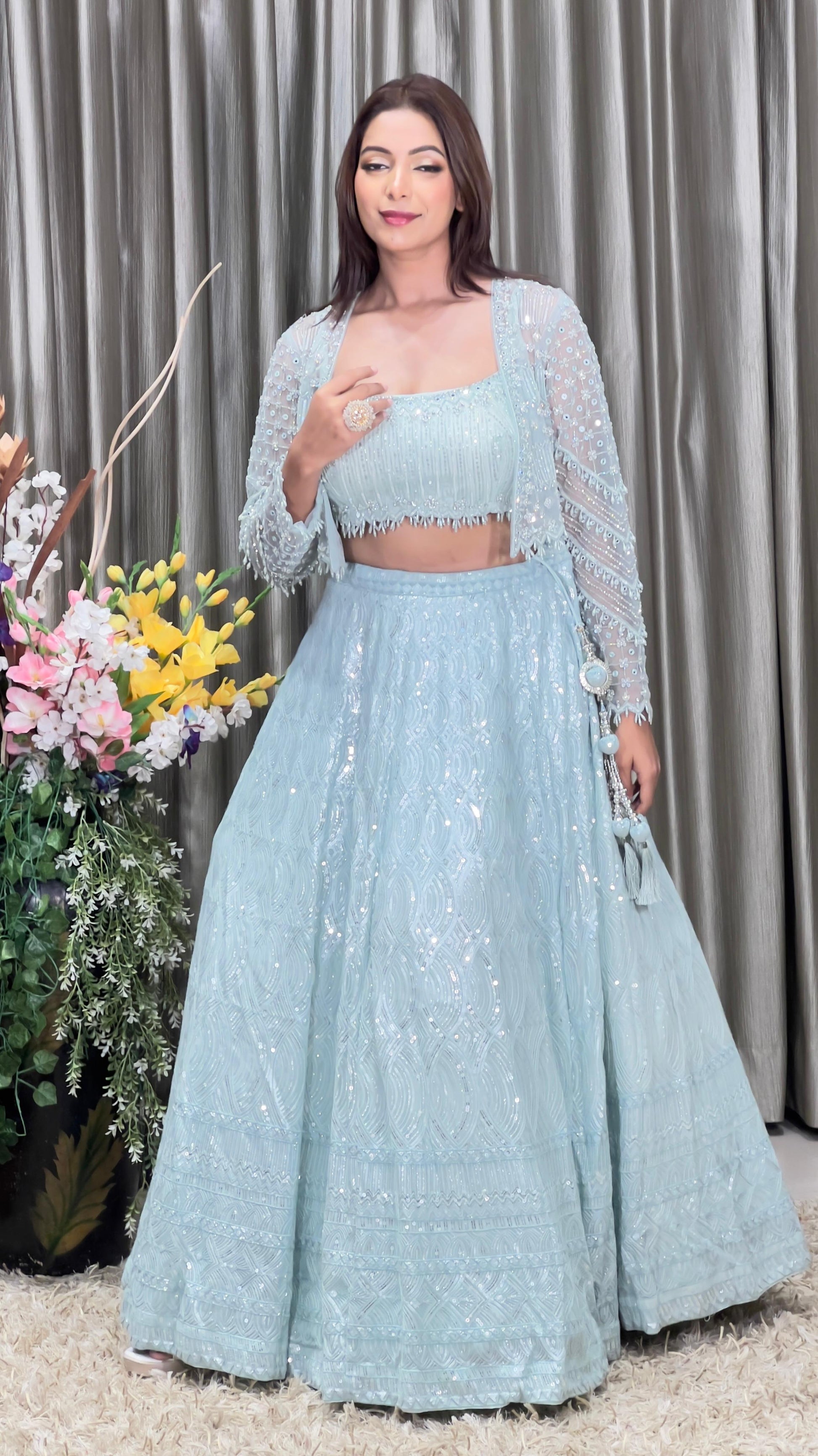 WESTERN LEHENGA CHOLI WITH JACKET STYLE COCKTAIL,EVENING PARTY,RECEPTION,WEDDING PARTY OUTFIT
