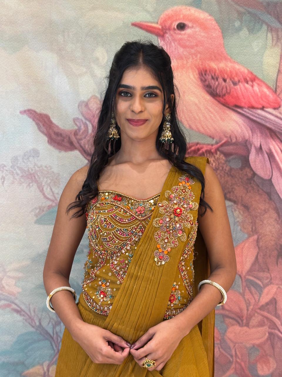 INDO-WESTERN DRAPE SAREE STYLE MEHNDI,HALDI FESTIVE OCCASSION PARTY WEAR