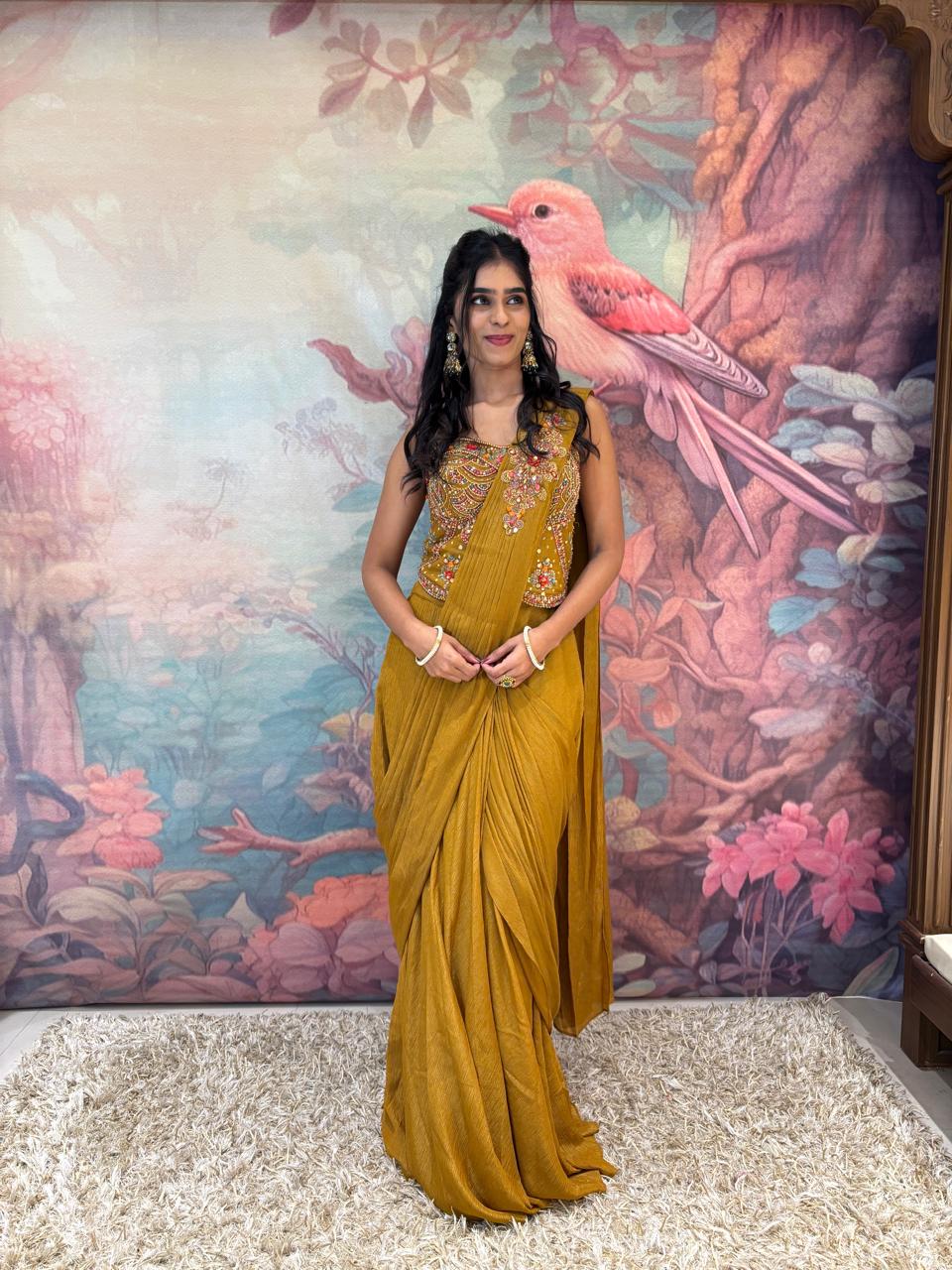 INDO-WESTERN DRAPE SAREE STYLE MEHNDI,HALDI FESTIVE OCCASSION PARTY WEAR