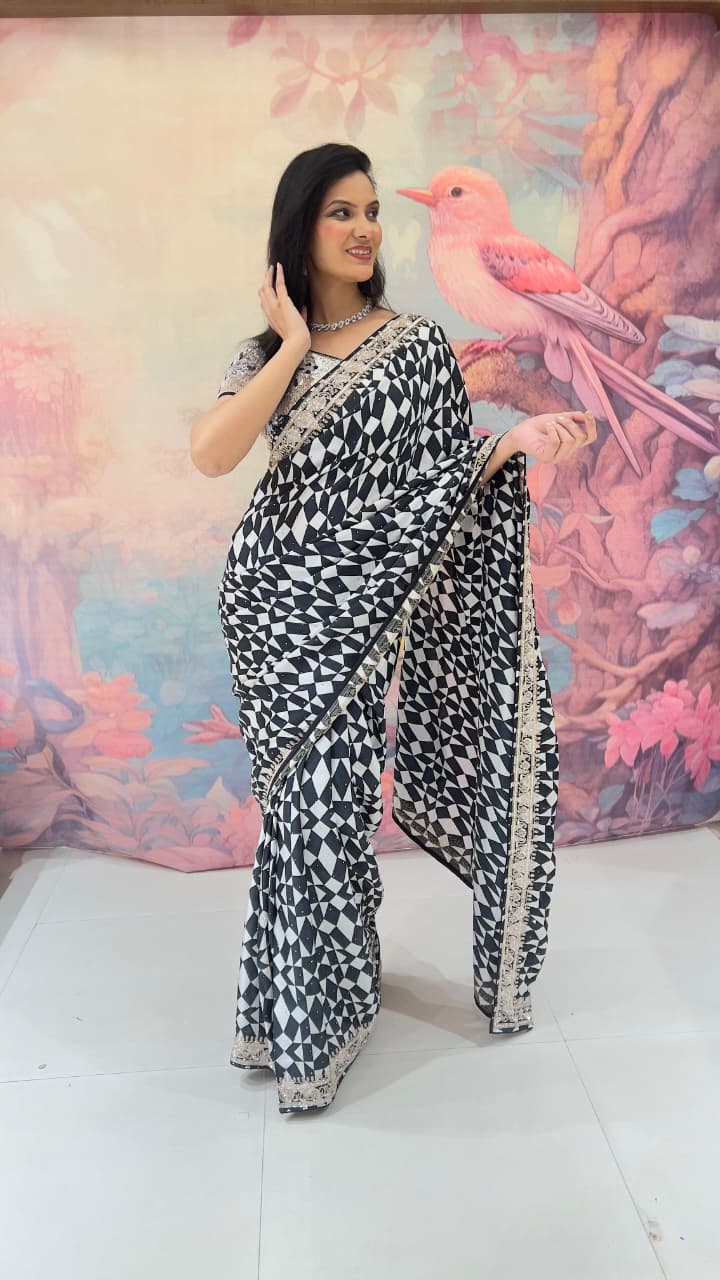 DESIGNER WEAR,PARTY WEAR PRINTED WITH SMALL HAND WORK BORDER SAREE