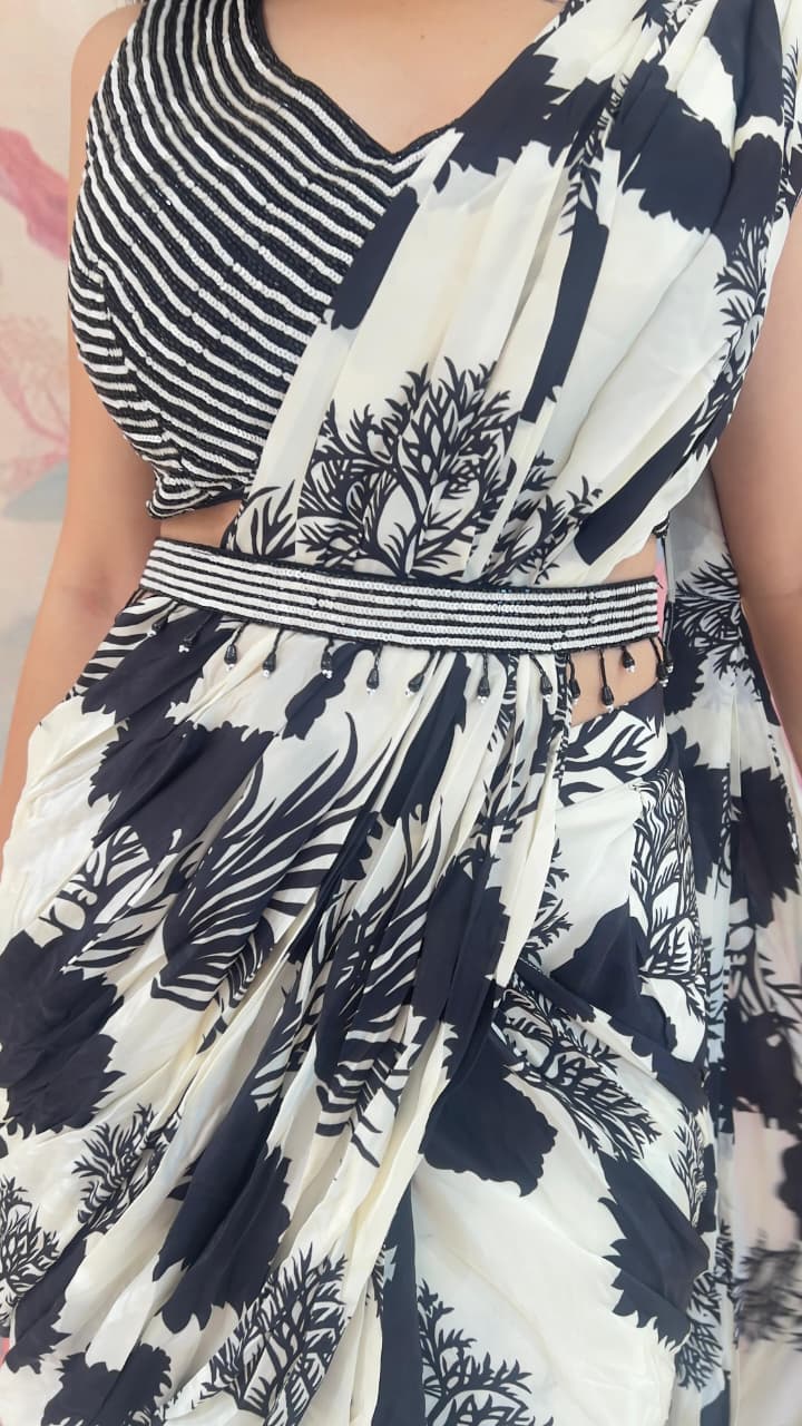 PARTY WEAR FLORAL PRINT READY TO WEAR SAREE