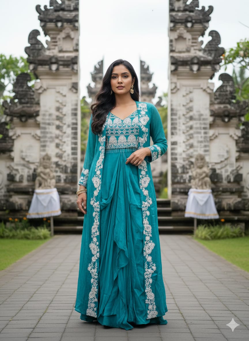 INDO-WESTERN LONG JACKET STYLE PARTY WEAR OUTFIT