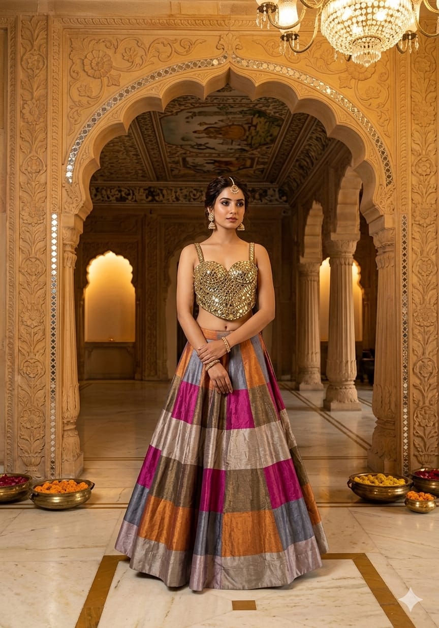 WEDDING,RECEPTION,FUNCTIONAL MIRROR CORSET DESIGNER LEHENGA