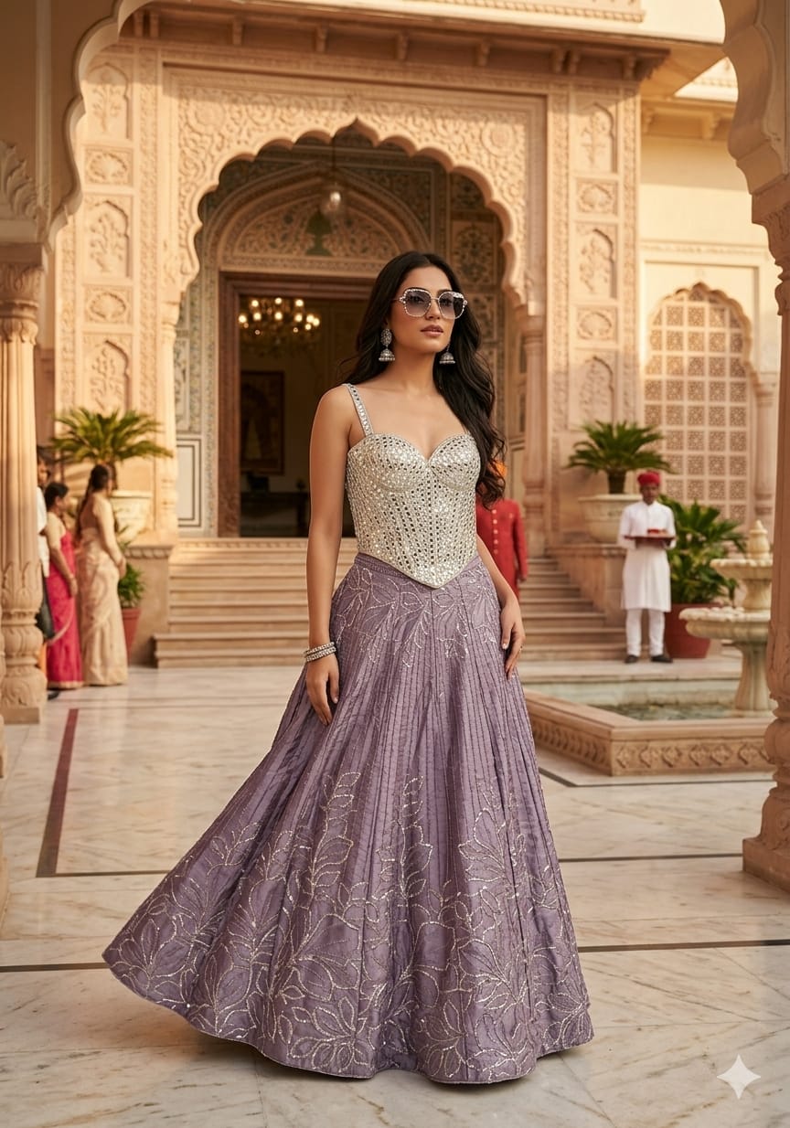 TRADITIONAL,FUNCTIONAL MIRROR WORK CORSET DESIGNER LEHENGA