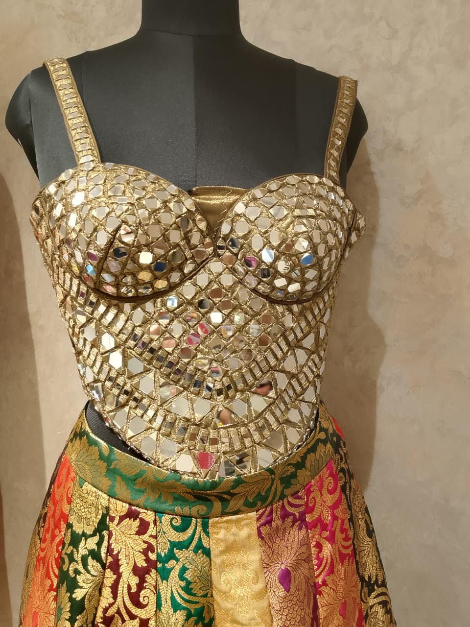 WEDDING,FUNCTIONAL MIRROR WORK CORSET DESIGNER LEHENGA