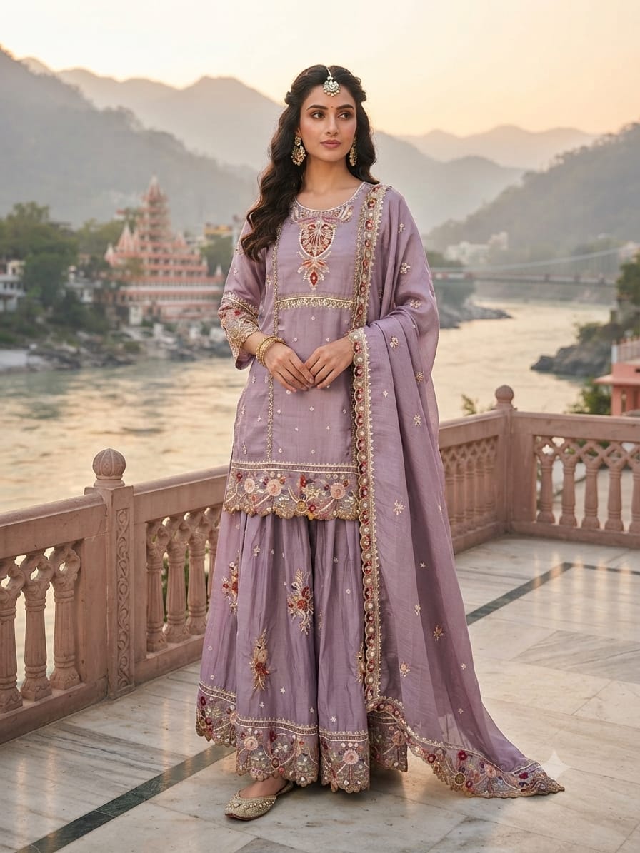 This is a premium, elegant 3-piece traditional ethnic ensemble designed to bring out a sophisticated and festive look.