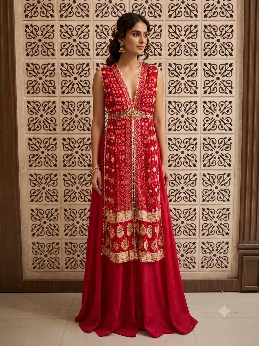 vibrant and modern 2-piece funsion outfit that beautifully blends traditional Indian textile arts with a contemporary silhouette.