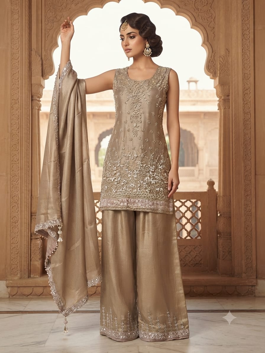 Elegant Champagne Embroidered Kurta Palazzo Set with Dupatta.