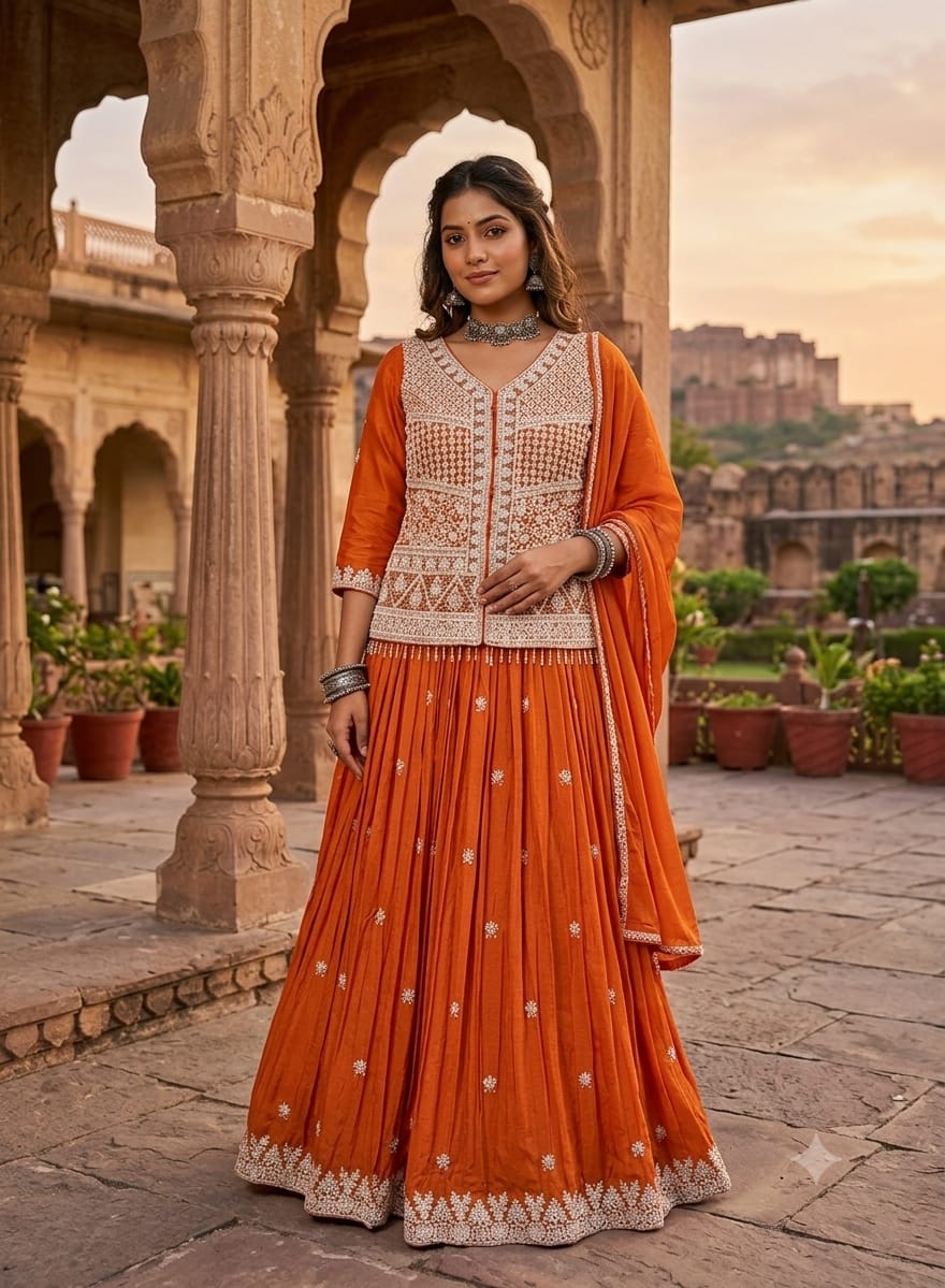 Rust Orange Embroidered Lehenga Set with  Dupatta.