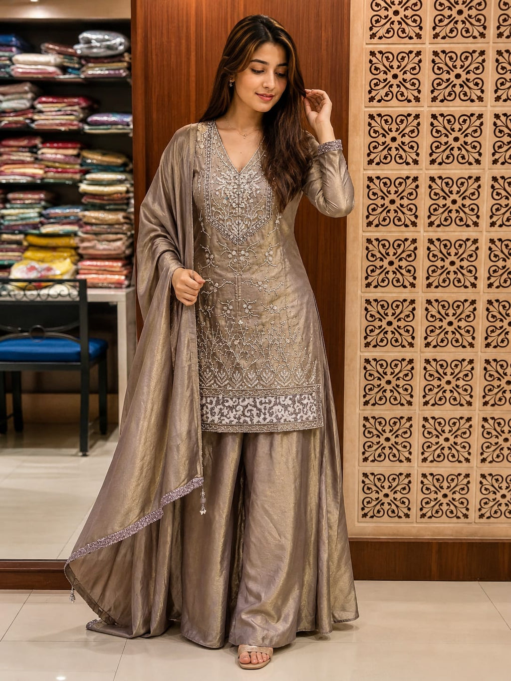Elegant Pewter Tissue Silk Hand-Embroidered Suit Set.