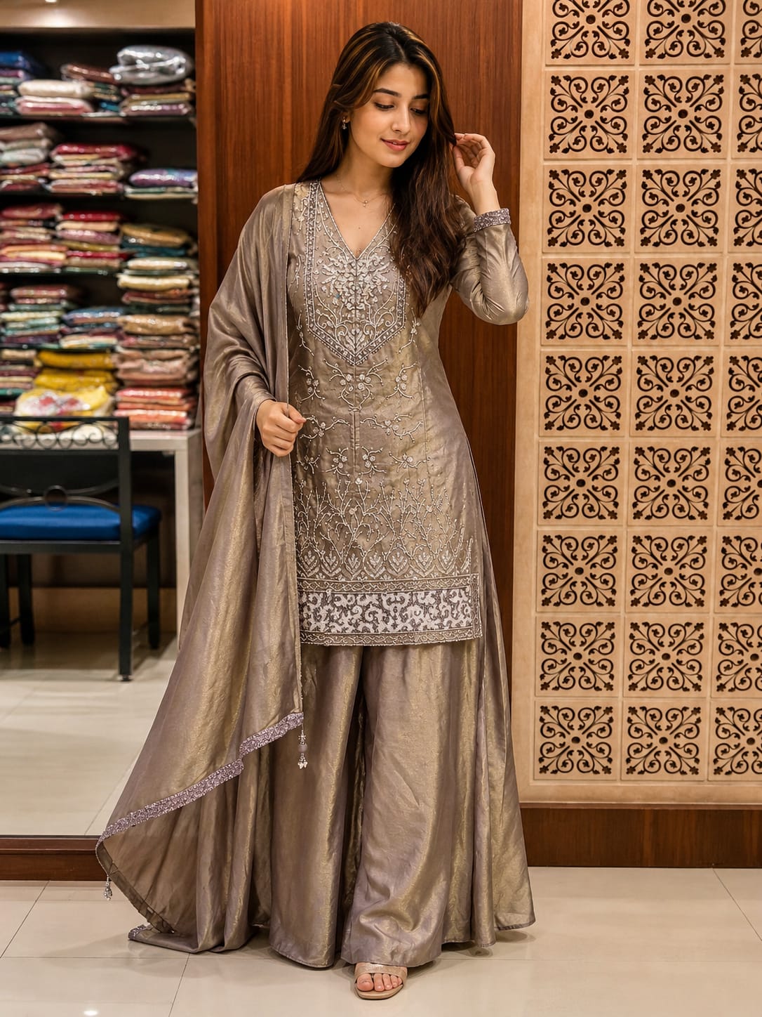 Elegant Pewter Tissue Silk Hand-Embroidered Suit Set.