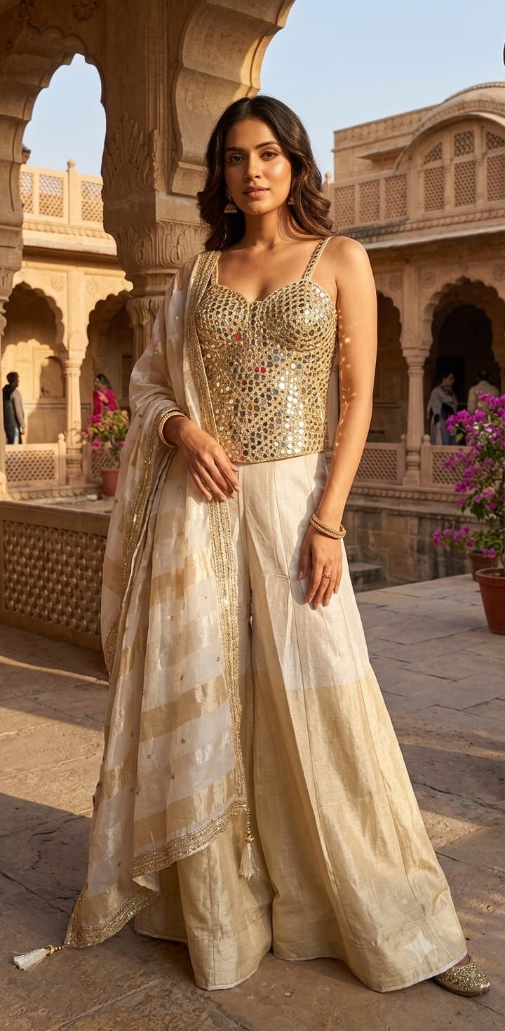 Hand-Embroidered Gold Mirror-Work Top with Flared Palazzo & Dupatta