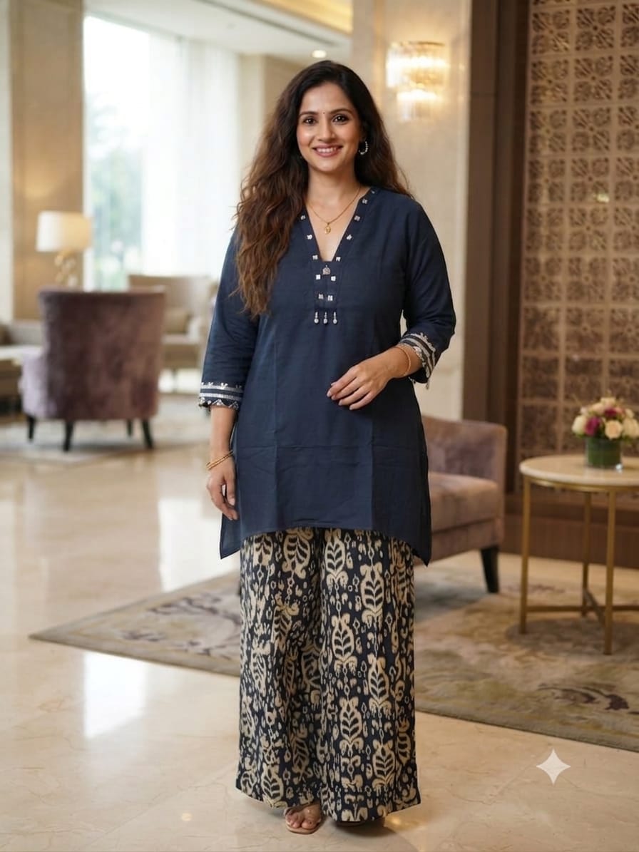 Navy Blue Short Kurti with Ikat Printed Palazzo.