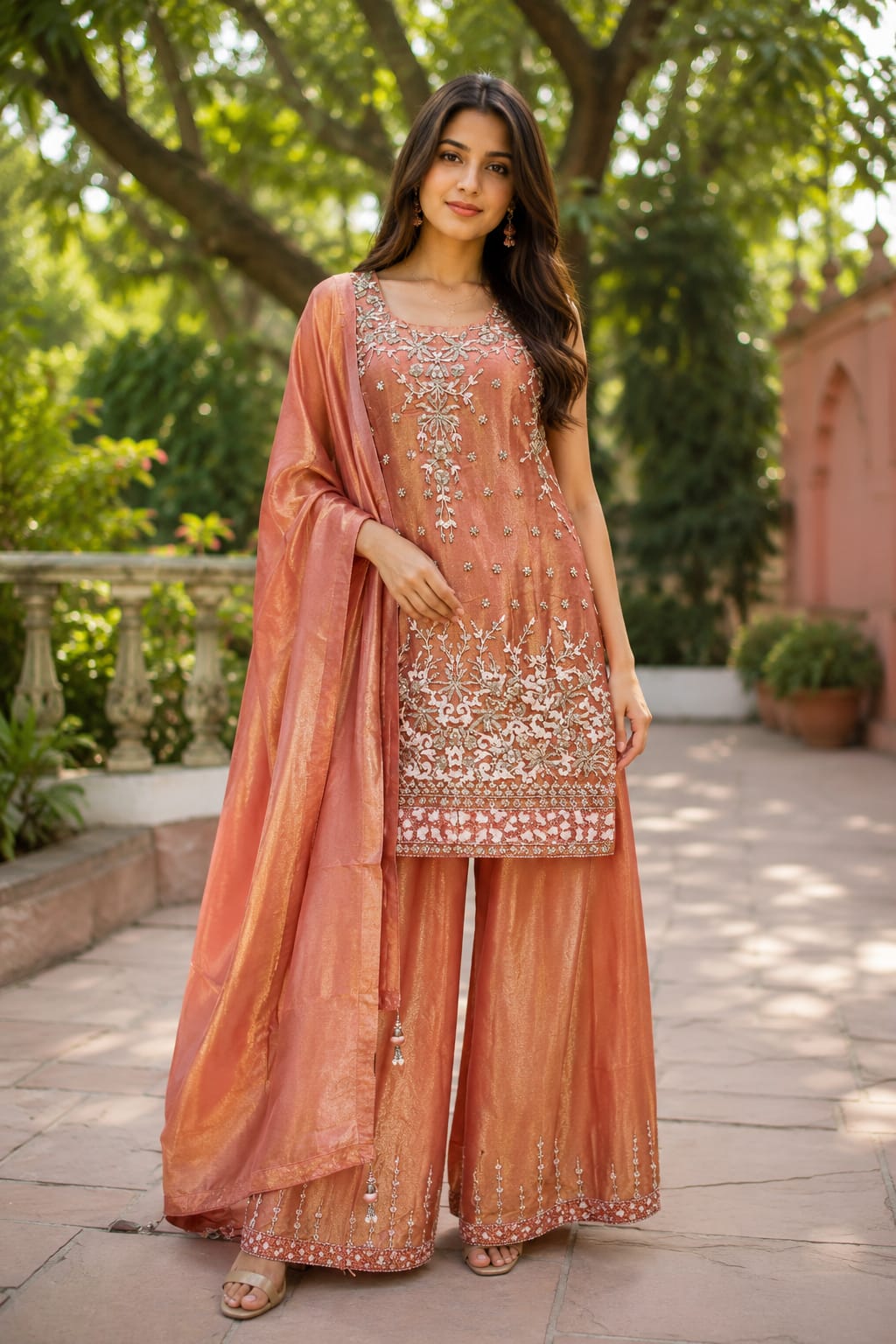 Peach & Rose Gold Hand-Embroidered Shimmer silk Palazzo Set.