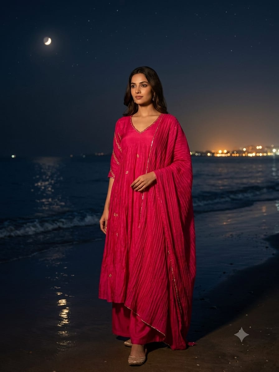 Rani Pink Gathered Anarkali Suit Set with Dupatta