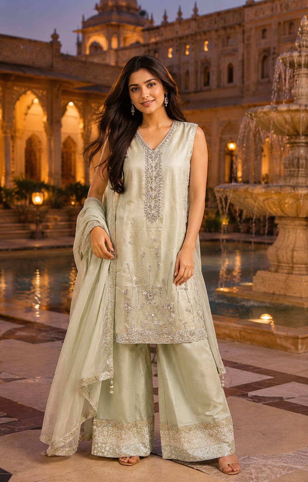 Mint Elegance Hand-Embroidered 3-Piece Suit.