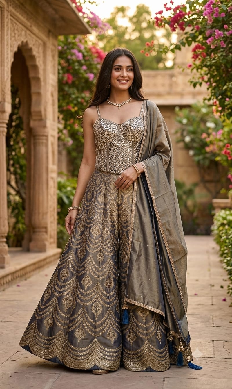 Metallic Steel Gray Heavy Mirror-Work Lehenga 3-Piece Set