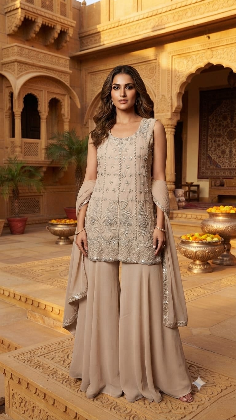 Champagne Beige Pearl & Sequin Embroidered Palazzo Set.