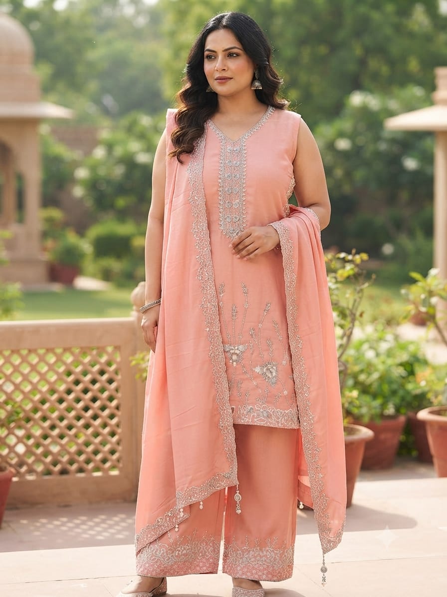 Peach-Pink Scalloped Floral Embroidered 3-Piece Suit.