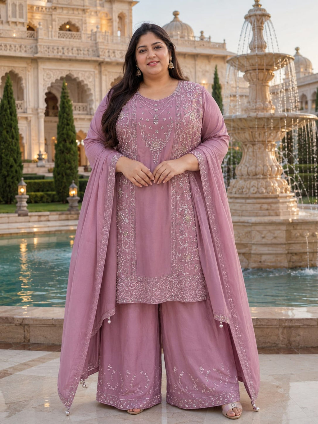 Mauve Rose Panel-Embroidered palazzo 3-Piece Suit Set.