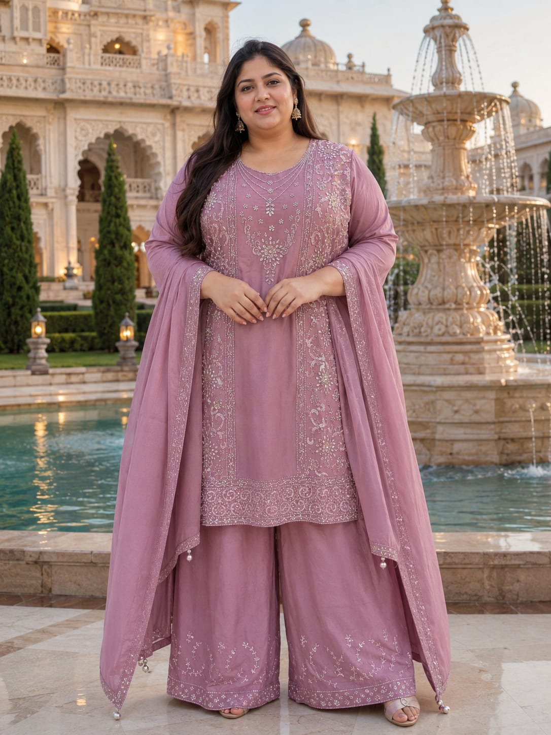 Mauve Rose Panel-Embroidered palazzo 3-Piece Suit Set.