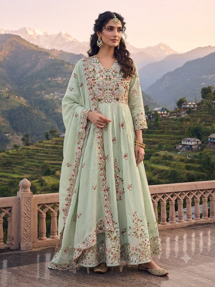 Mint Green Embroidered Anarkali Suit Set.