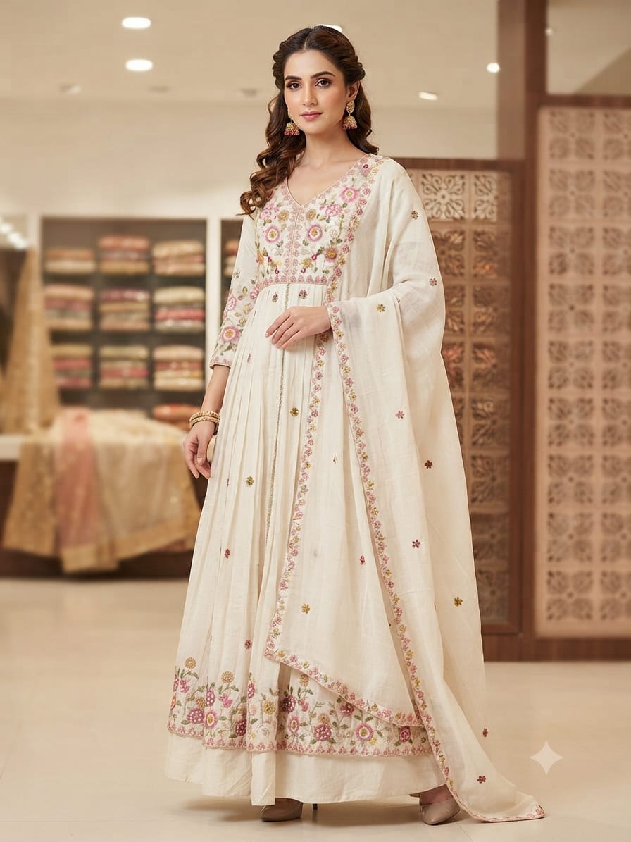 Off-White Floral Embroidered Front-Slit Anarkali Set