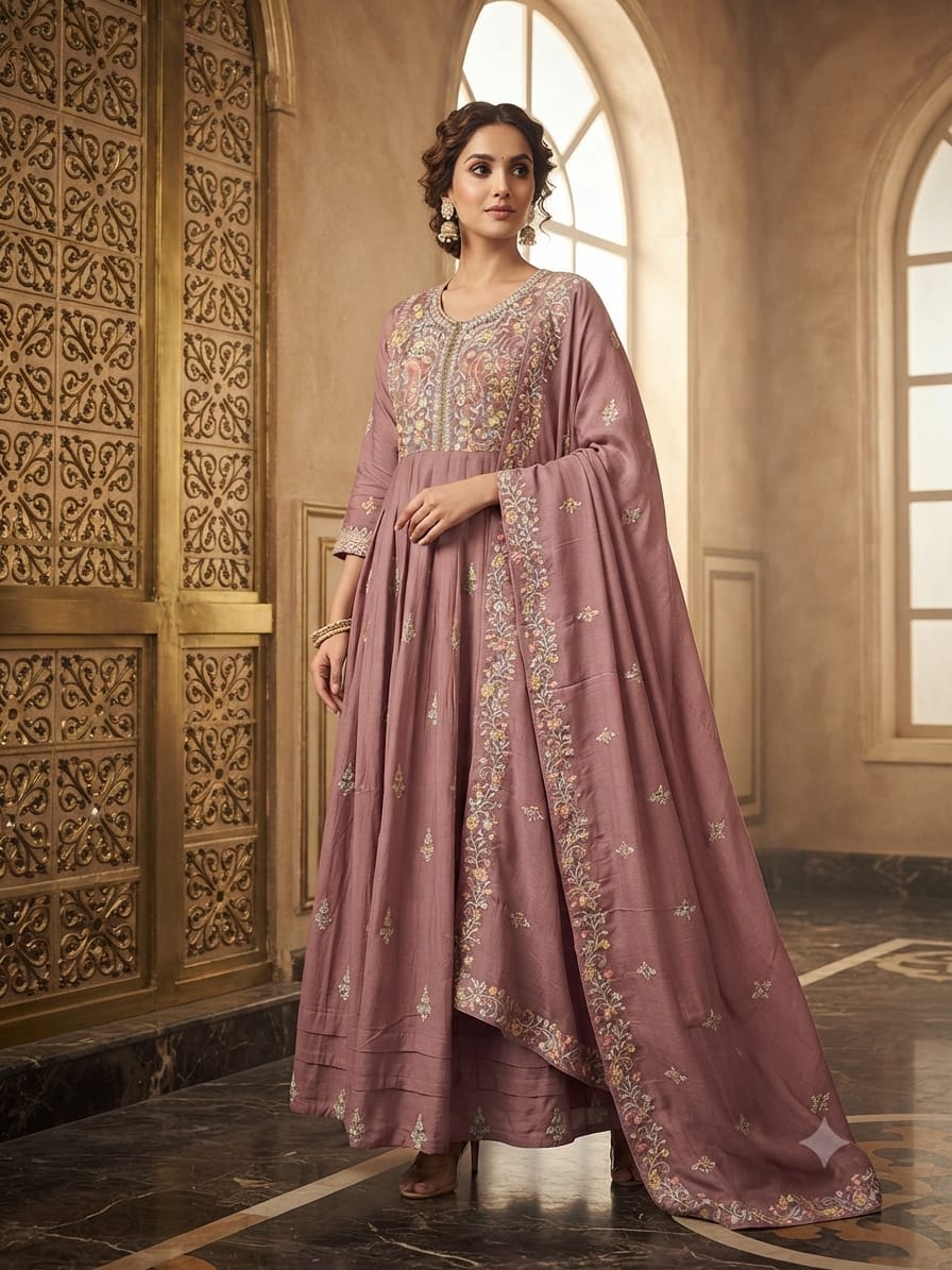 Dusty Rose Paisley Embroidered Anarkali Set