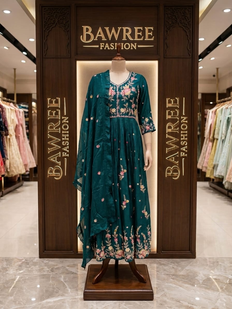 Embellished Teal Floral Anarkali Set.