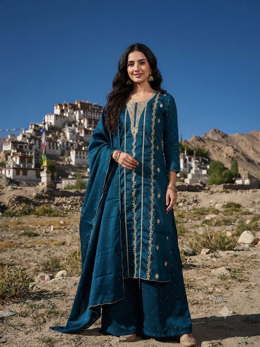 Embellished Prussian Blue Straight Kurta Set