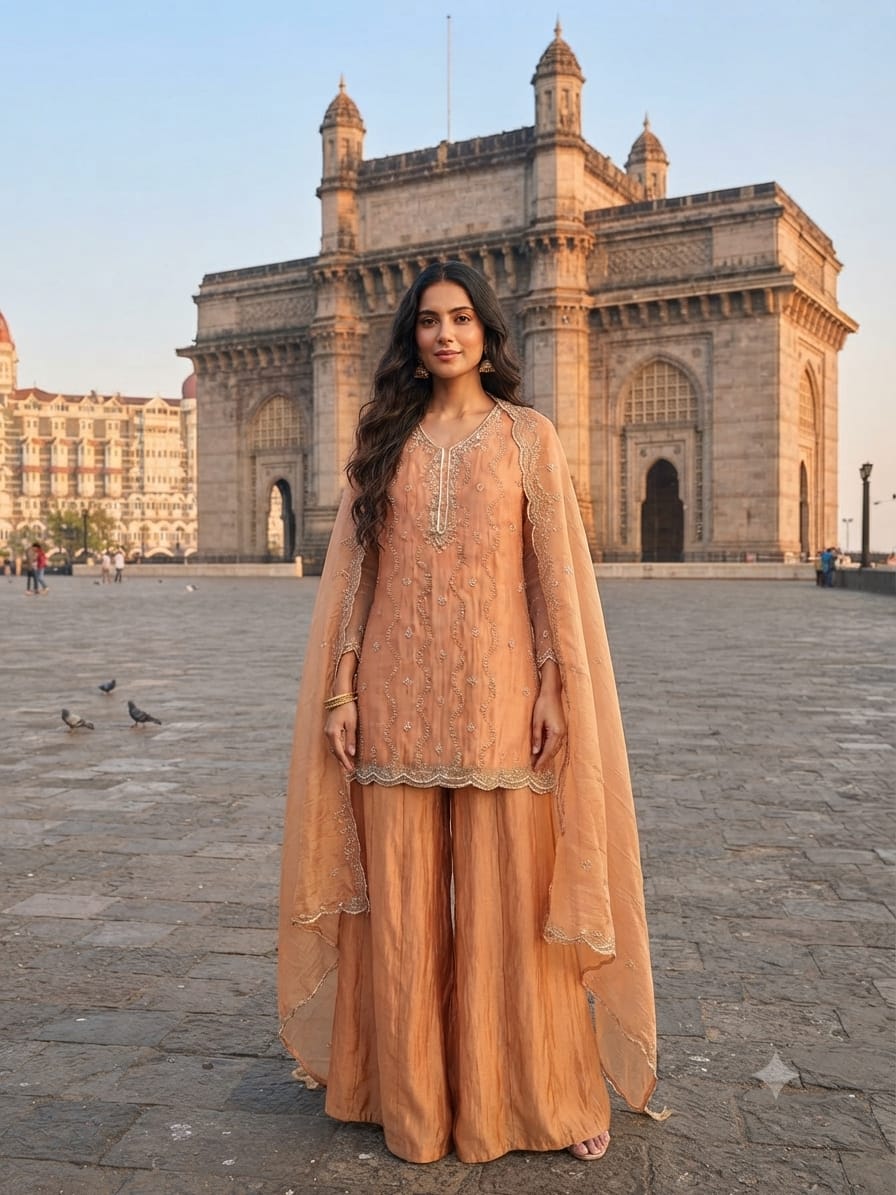 Eloise Embroidered Crushed Tissue palazzo Suit Set in Pastel Peach