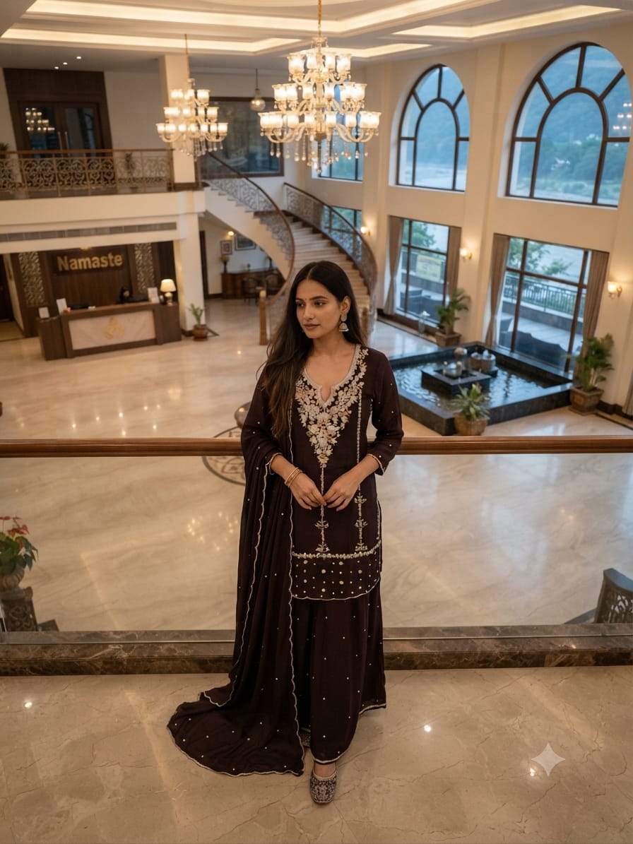 Rich Chocolate Brown Embroidered Kurta and palazzo Set with Dupatta.
