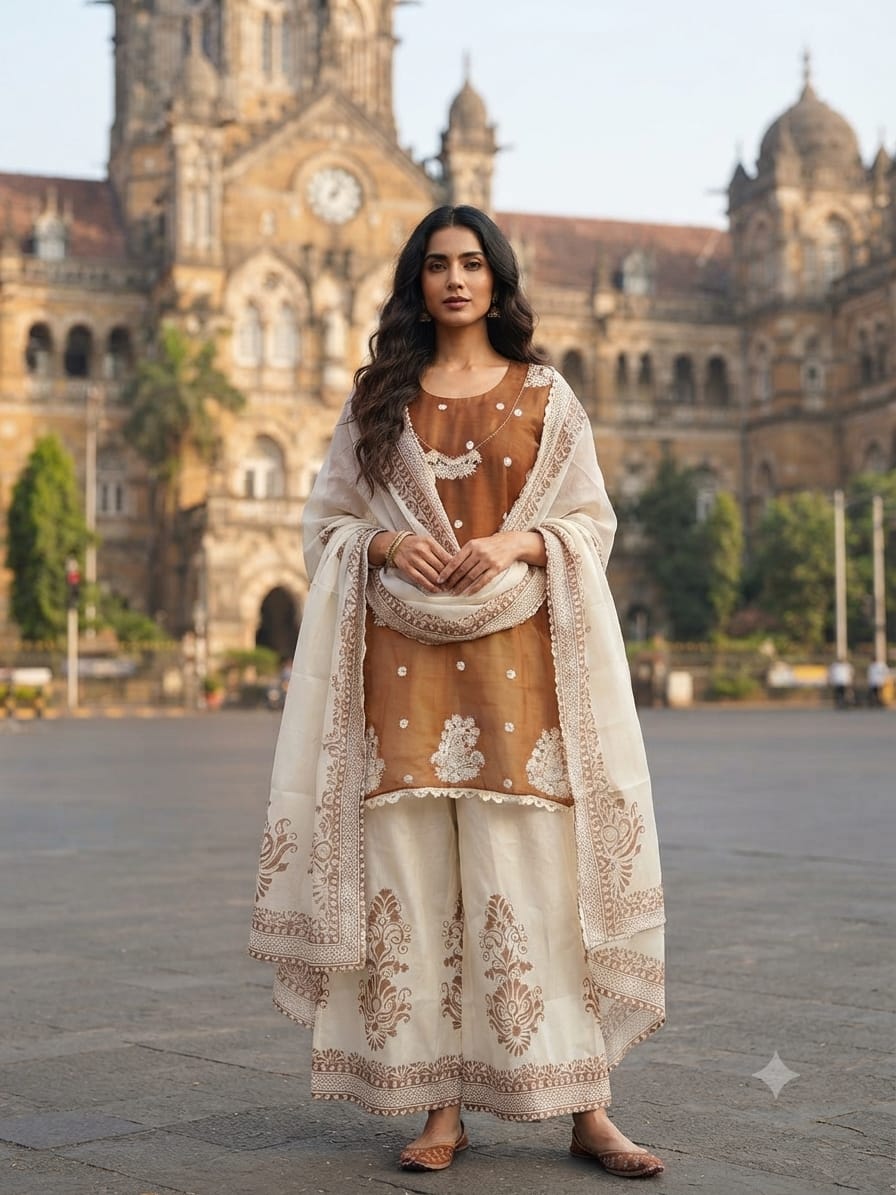 Premium Lucknowi Chikankari Chanderi Sharara Suit Set