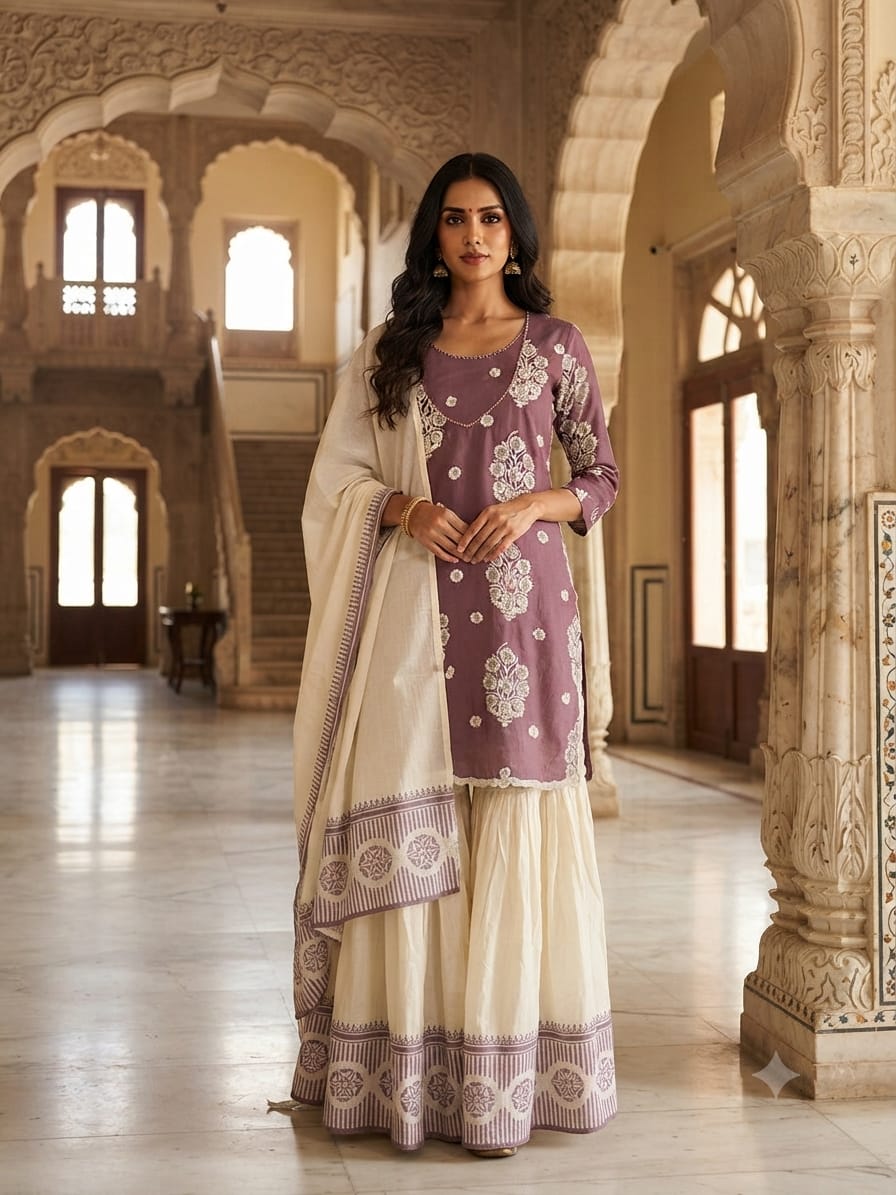 Elegant Mauve and Off-White Embroidered Sharara Set with Dupatta.