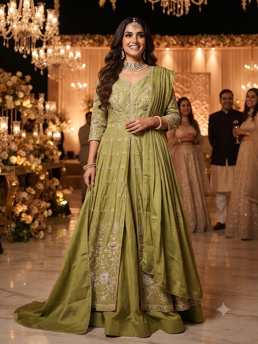 This stunning olive green Anarkali suit set blends traditional elegance with contemporary grace