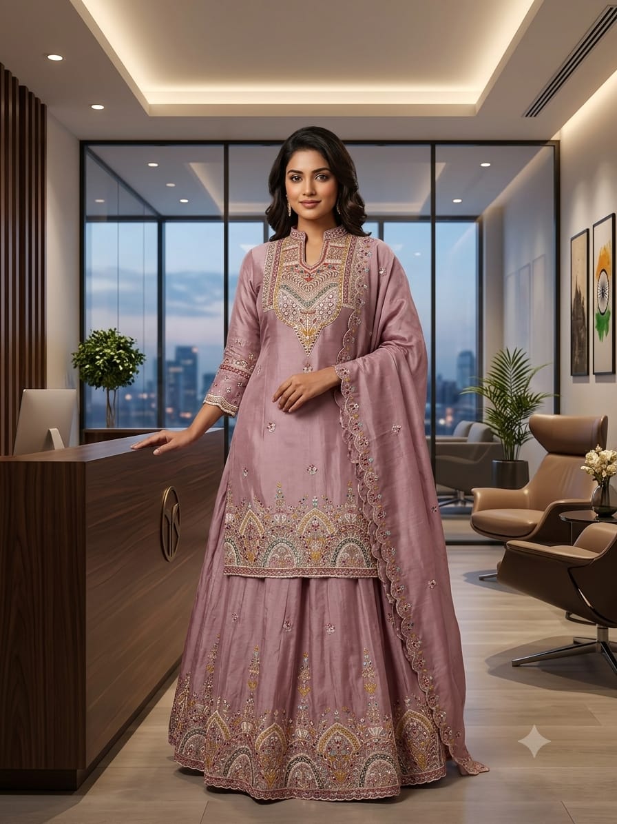 Ethereal Mauve Silk Embroidered Kurta & Lehenga-Sharara Set with Dupatta